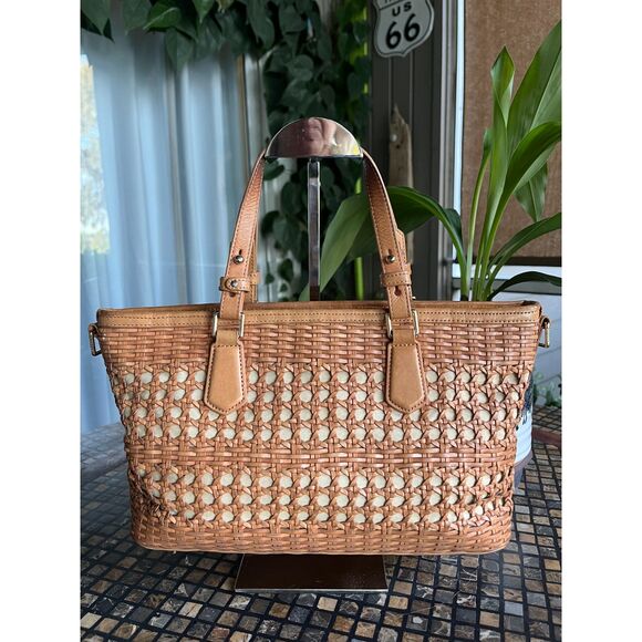 Brahmin Asher Tan Nantucket Basket Pattern Satchel Tote RARE Size - Picture 3 of 9